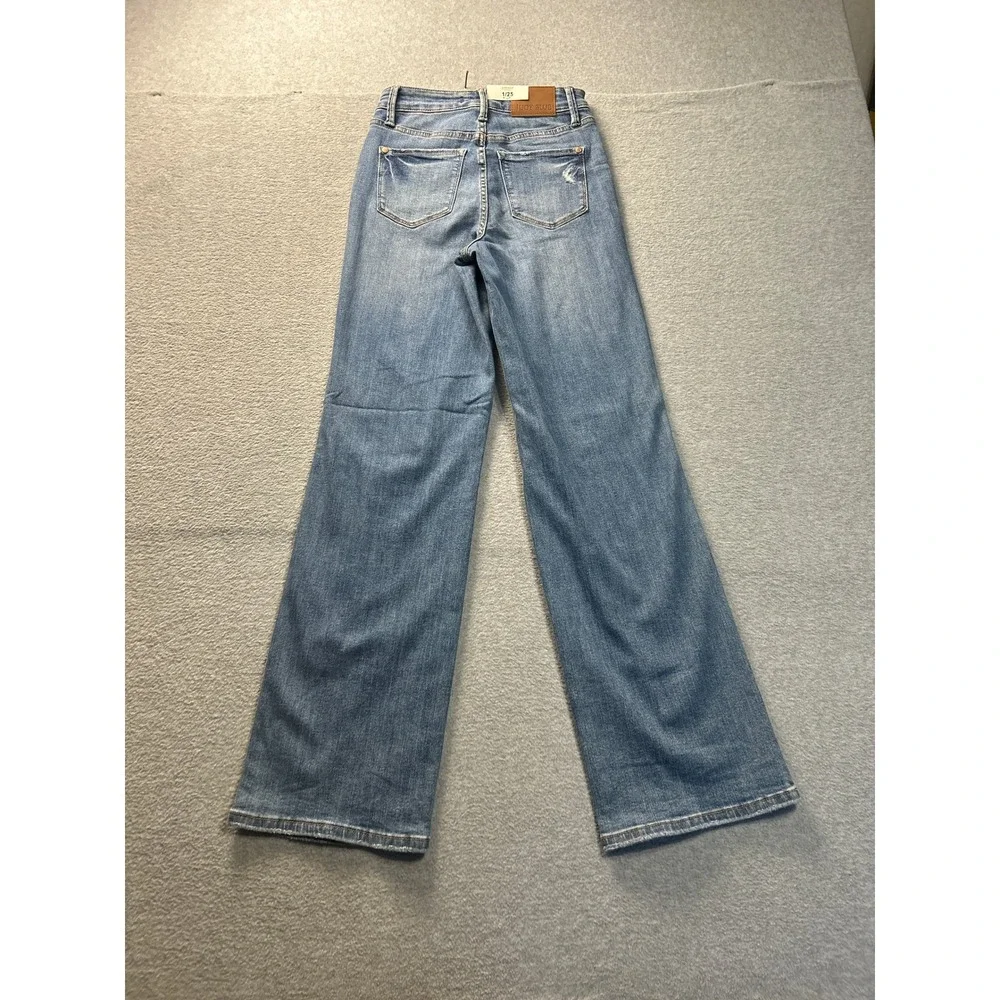 Judy Blue High Rise Wide Leg Jeans Womens 1/25 Distressed Stretch Med Blue Denim